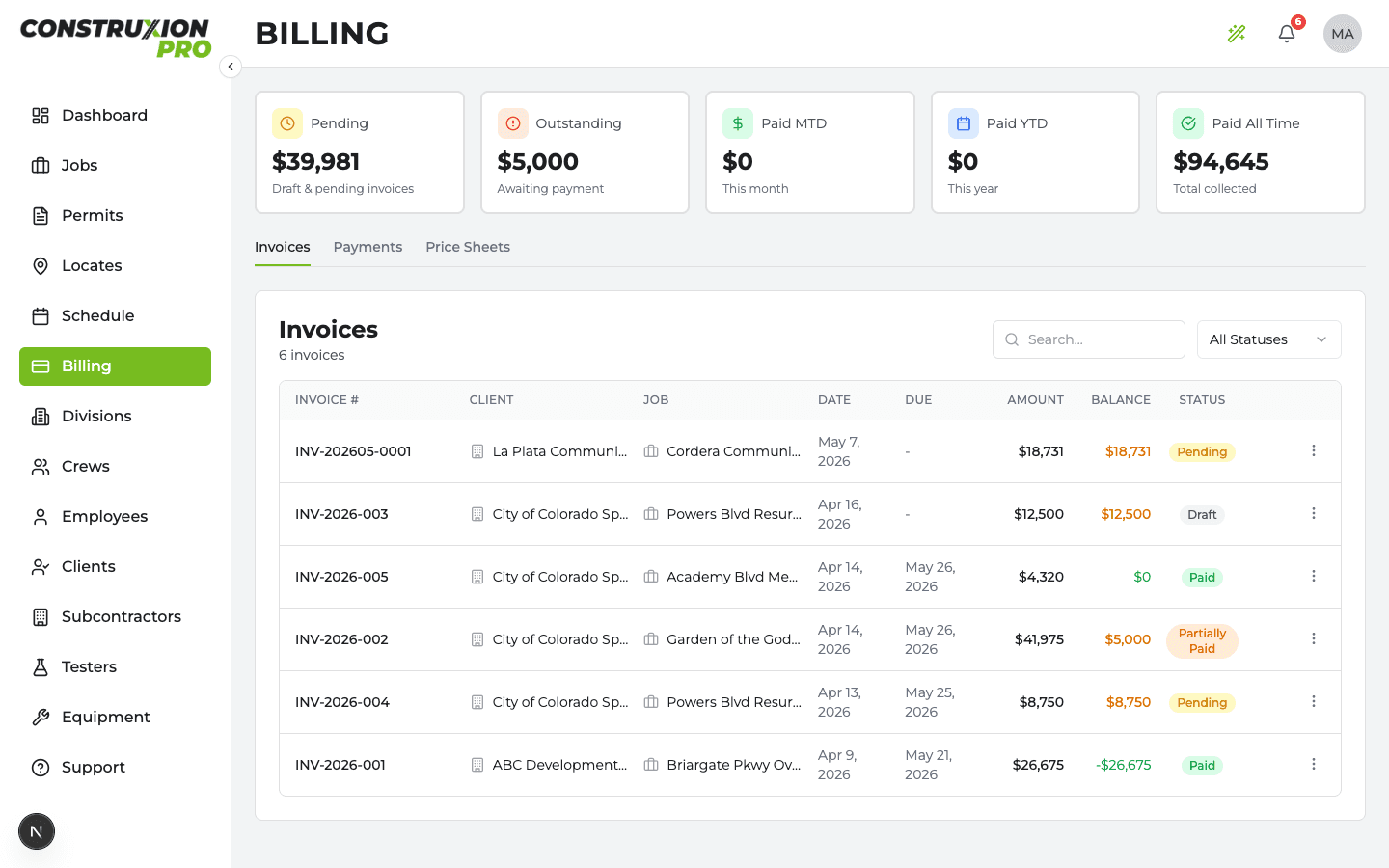 Billing page