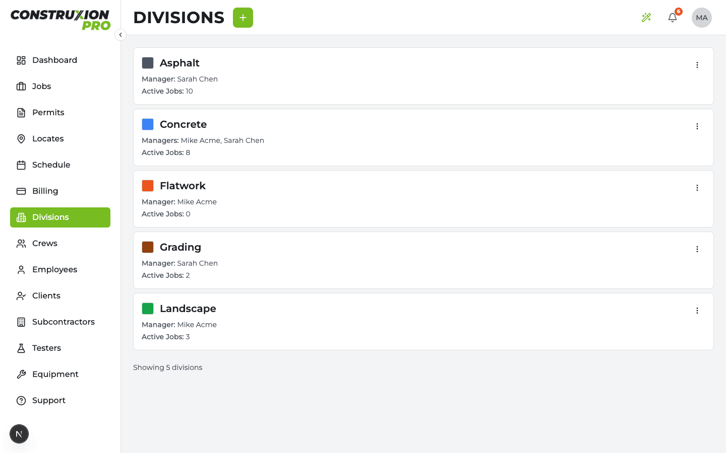 Divisions page
